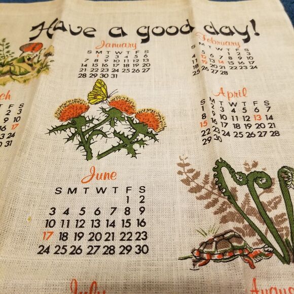 Vintage linen tea towel calendar birds bugs bunny & flowers 1979 nos - Picture 2 of 6